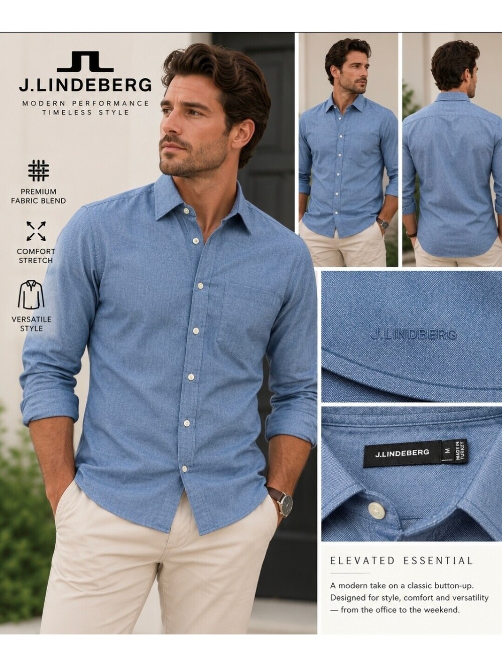 J.Lindeberg Men’s Medium Blue Chambray Button Up Shirt Wool Blend Stretch